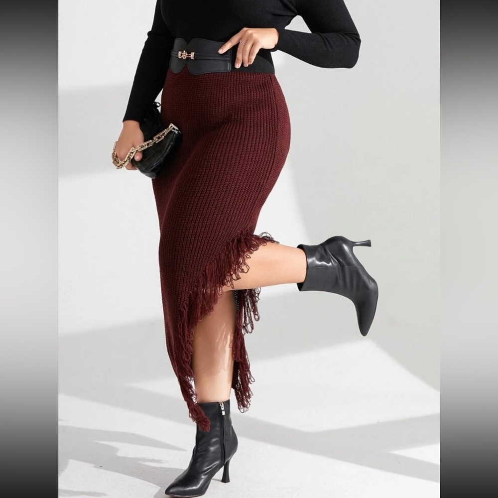 SHEIN Curve Burgundy Fringe Knit Midi Skirt 2XL Plus Size Asymmetrical Hem